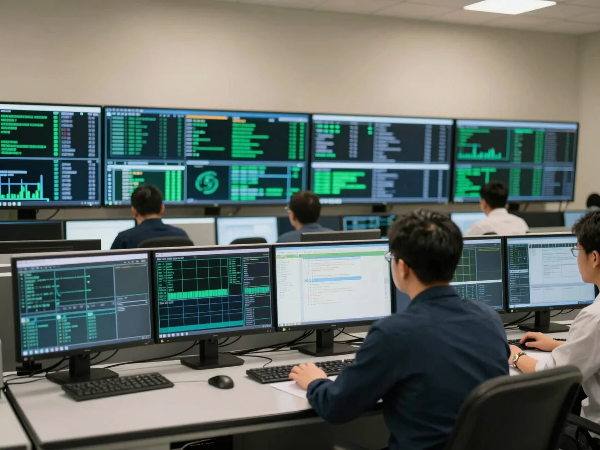 Control room with an analyst reviewing complex data on multiple s