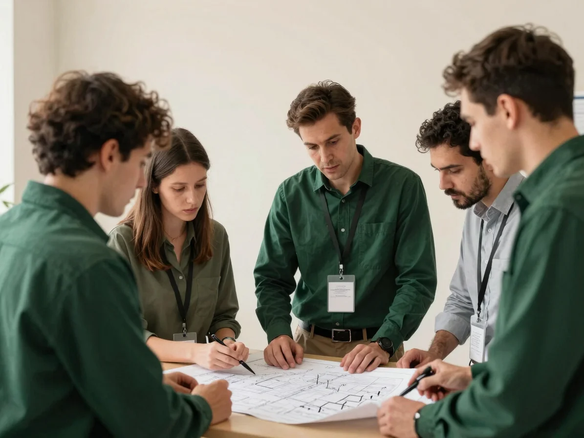 Technical experts collaborating around a blueprint or complex dia